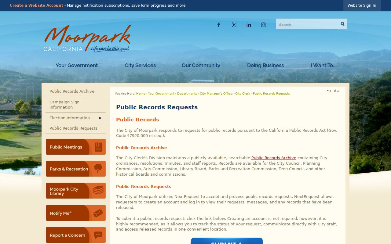 Moorpark residents directory City public records request portal