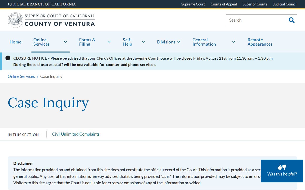 Moorpark residents directory Ventura Superior Court case inquiry